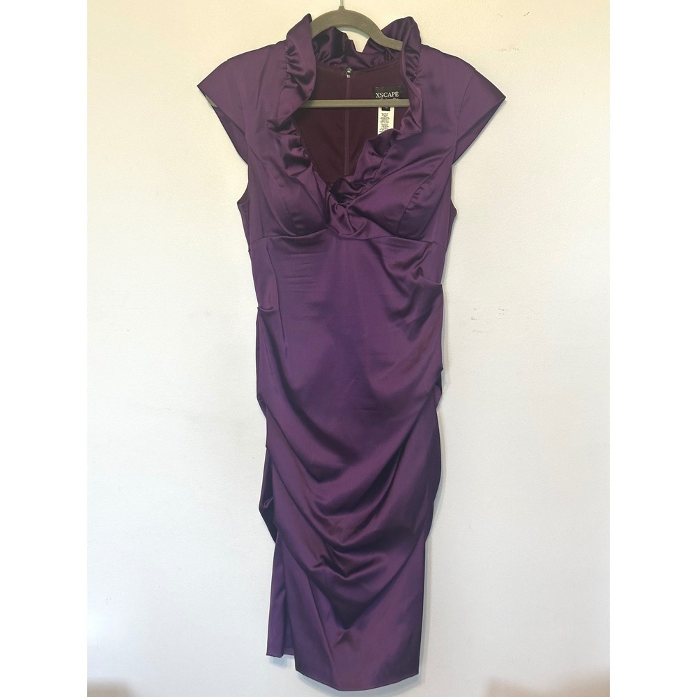 Xscape by Joanna Chen Purple Satin Ruffle Neck Ruched Midi Cocktail Dress 10 - Picture 2 of 6